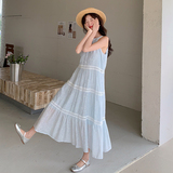 甜美蓝色挂脖无袖露肩吊带连衣裙女夏2025新款减龄长裙少女风穿搭，女装连衣裙，2C233