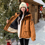连帽橘色工装冲锋衣式派克服棉衣女冬季小个子流行加绒高级感棉服，女装派克服，2C218