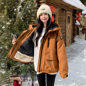 连帽橘色工装冲锋衣式派克服棉衣女冬季小个子流行加绒高级感棉服图片