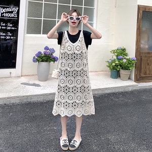 夏季搭配一整套黑色T恤裙女2025新款设计感镂空针织吊带裙图片