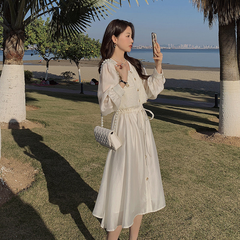 温柔系白色小香风连衣裙女2023春季新款小个子法式茶歇气质初恋裙,女装连衣裙,2C018