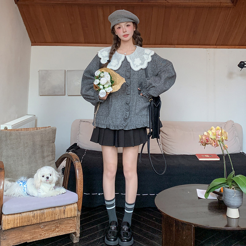 蕾丝花边娃娃领灰色短外套女春秋2025新款小个子高级感减龄森系,女装短外套,2C166
