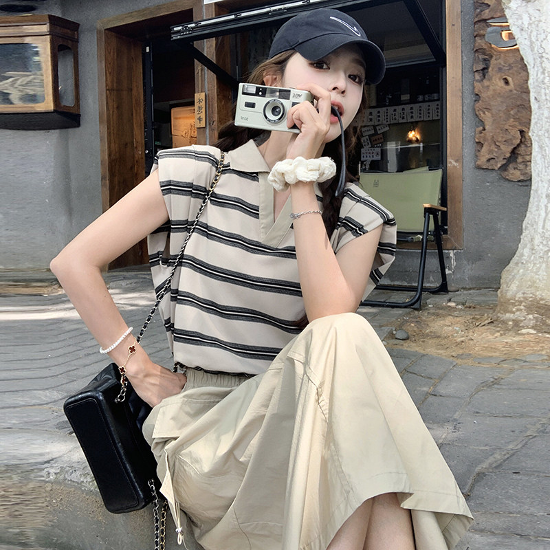 酷飒拽姐套装裙女2025夏季新款休闲条纹无袖上衣工装半身裙两件套,女装套装/套裙,2C166