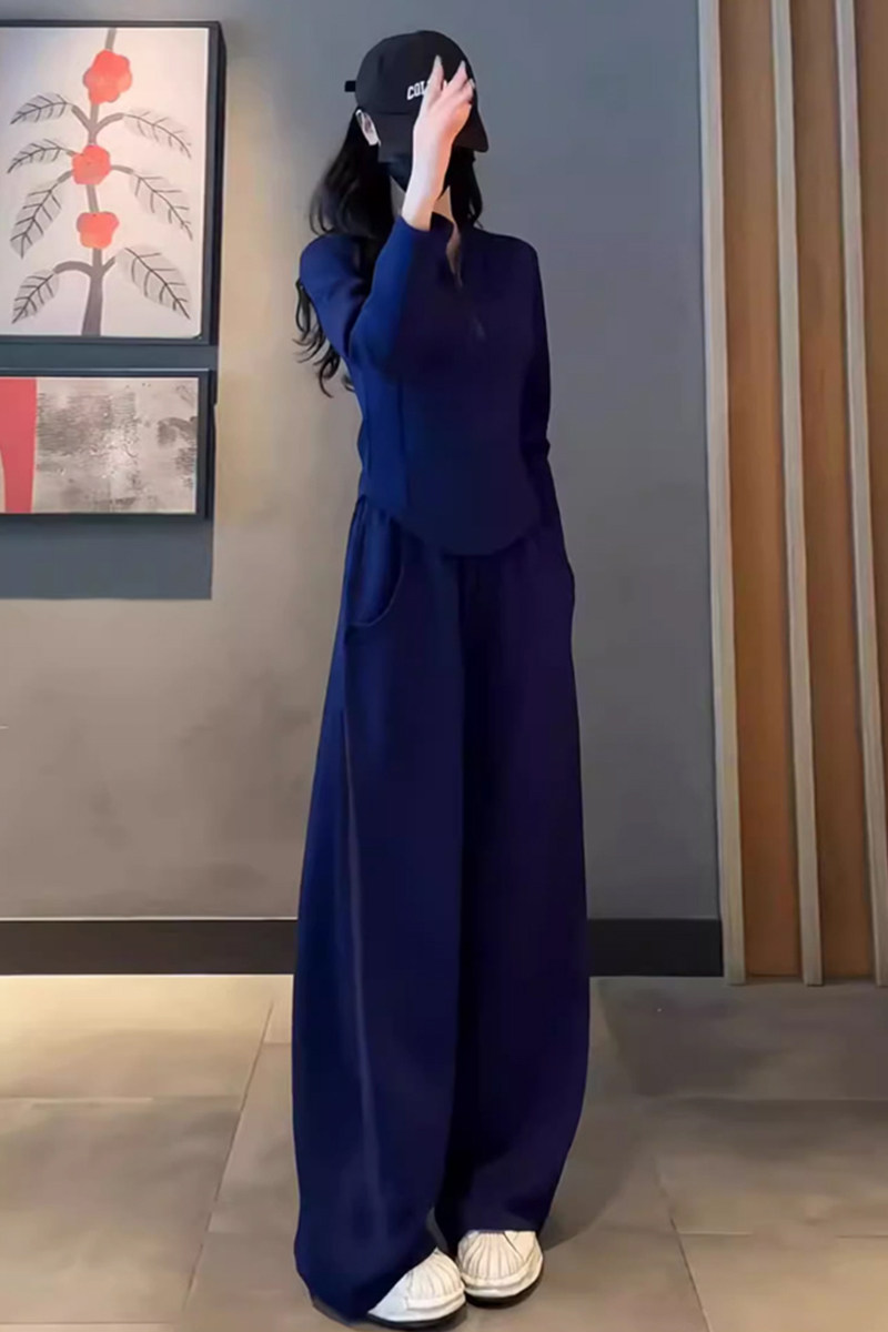 休闲运动套装女早秋新款韩版时尚洋气修身立领上衣阔腿长裤两件套,女装套装/套裙,2C310