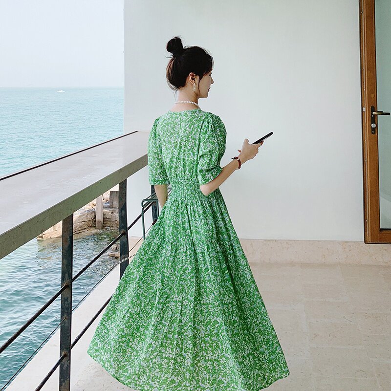 温柔风黄色碎花连衣裙女2023年夏季新款法式可盐可甜初恋甜美裙子,女装连衣裙,2C177