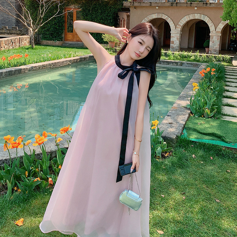 夏款法式粉色无袖蝴蝶结挂脖连衣裙2C122-8817-P105-K158,女装连衣裙,2C122