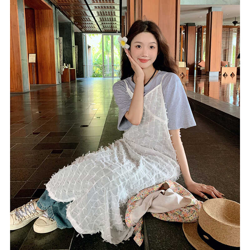 2025新款叠穿外穿网纱V领吊带背心连衣裙女P85-135套装P115-k169,女装连衣裙,2C299