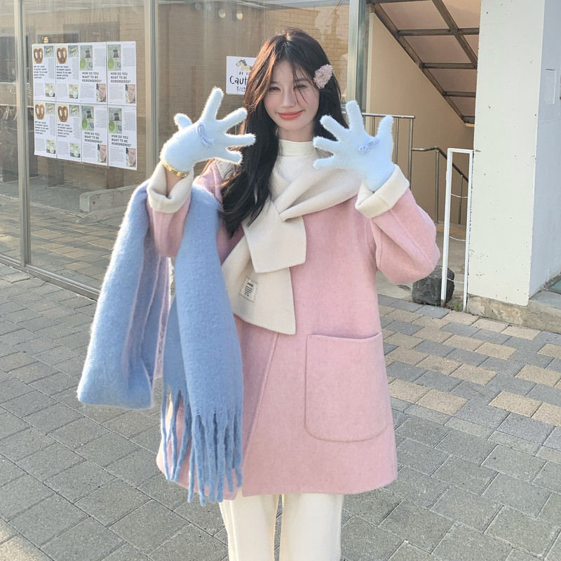 减龄甜美粉色双面呢羊毛外套女秋冬2025新款巨好看爆款多巴胺大衣,女装羊绒大衣,2C056