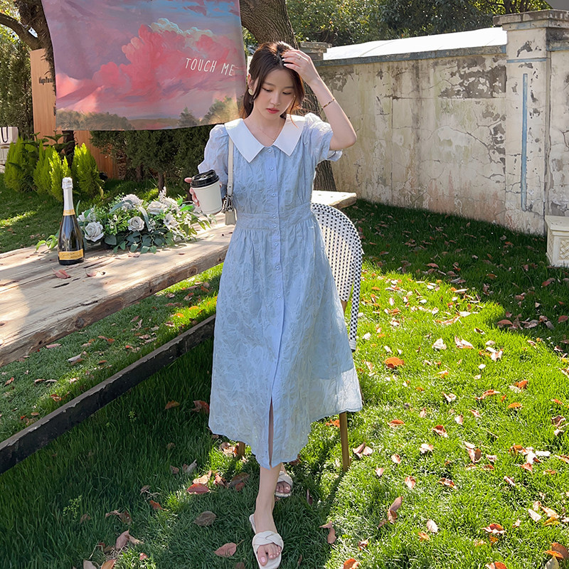 货出2025年夏季茶歇仙女气质连衣裙盐缩提花蓝色炸街裙子P120K178,女装连衣裙,2C311