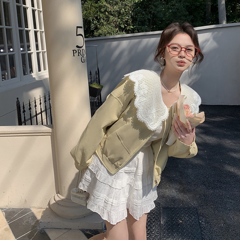 蕾丝花边大翻领皮衣外套女2025春季新款时尚高级感气质夹克上衣潮,女装皮衣,2C126