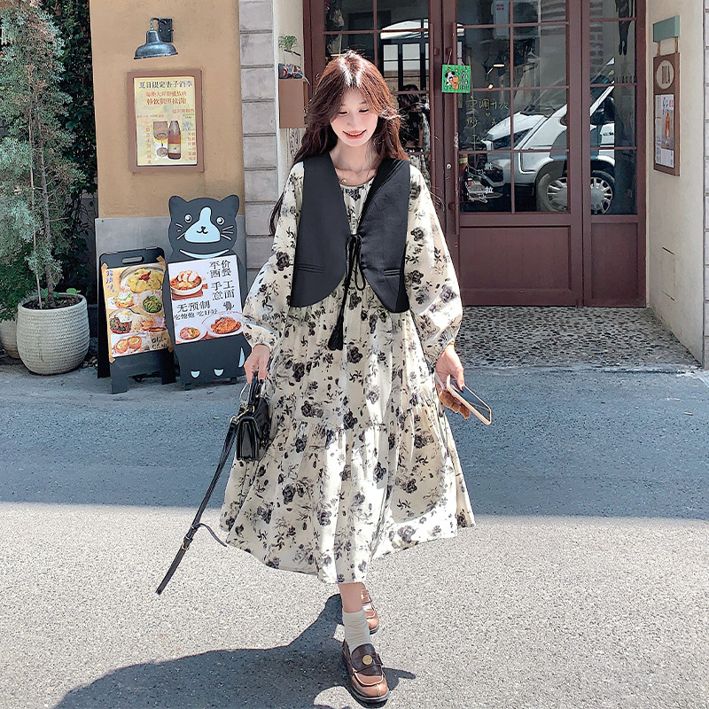 法式轻熟风碎花连衣裙套装女春秋2025新款高级感马甲长裙两件套潮,女装套装/套裙,2C056