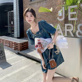 夏季成人厚款连体裤短裤套装收腰肯豆风国风muji风显瘦小个子牛仔，女装连体裤，2C057
