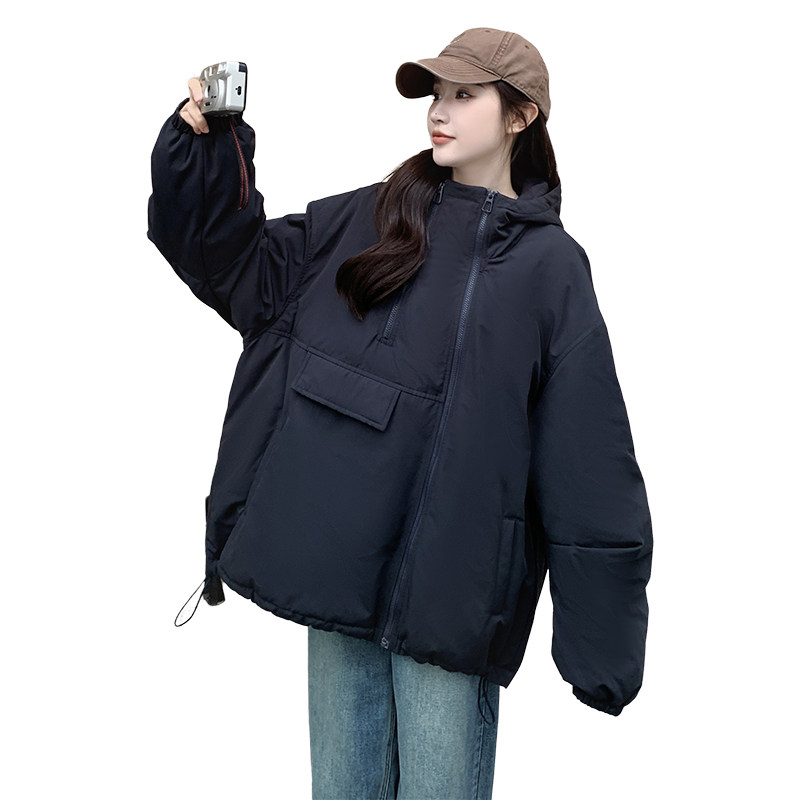 双拉链设计感黑色连帽羽绒服女2025年冬新款百搭休闲宽松显瘦外套,女装羽绒服,2C327