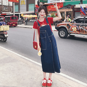 ootd穿搭拼接减龄牛仔背带连衣裙女夏2025超火学院风休闲长裙套装图片