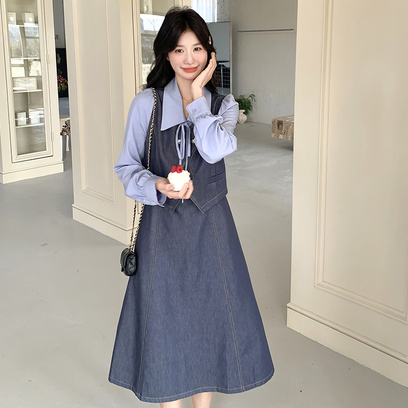 知性风假两件蓝色马甲叠穿长袖衬衫连衣裙女春秋超火好看气质长裙,女装连衣裙,2C087