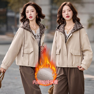复古格纹拼接连帽加绒保暖外套女2025秋冬新款宽松时尚派克服棉服图片