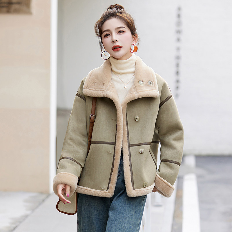 2025冬季新款韩版皮毛一体羊羔毛外套女加绒加厚宽松休闲款，女装羊羔毛/颗粒绒，自然秀,女装短外套,自然秀