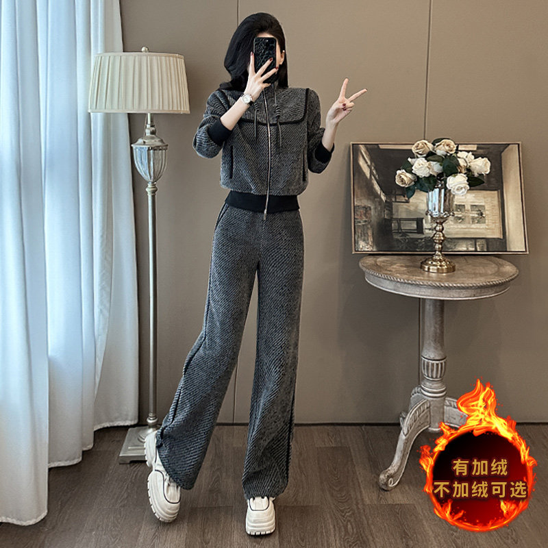 加绒加厚时尚开衫卫衣阔腿裤两件套潮,女装套装/套裙,2C310