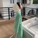 现货原创新款春装连帽绿色条纹连衣裙休闲学院风显瘦裙子p115k168，女装连衣裙，2C311