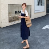 2025夏季新款时尚气质复古撞色拼接假两件裙子女气质显瘦收腰连衣，女装连衣裙，2C212