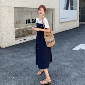 2025夏季新款时尚气质复古撞色拼接假两件裙子女气质显瘦收腰连衣图片