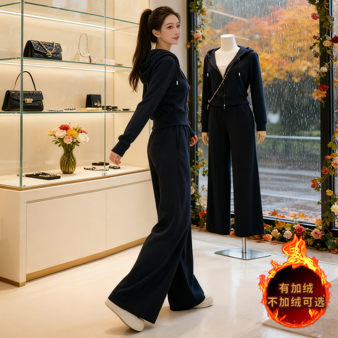 设计高级感休闲运动套装女秋冬新款气质减龄连帽卫衣直筒裤两件套,女装套装/套裙,2C310