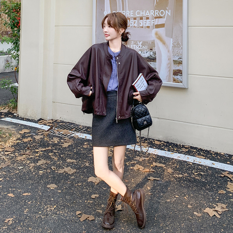 安可拉红皮衣外套女春秋2025新款美式pu皮夹克机车服小个子流行,女装皮衣,2C277