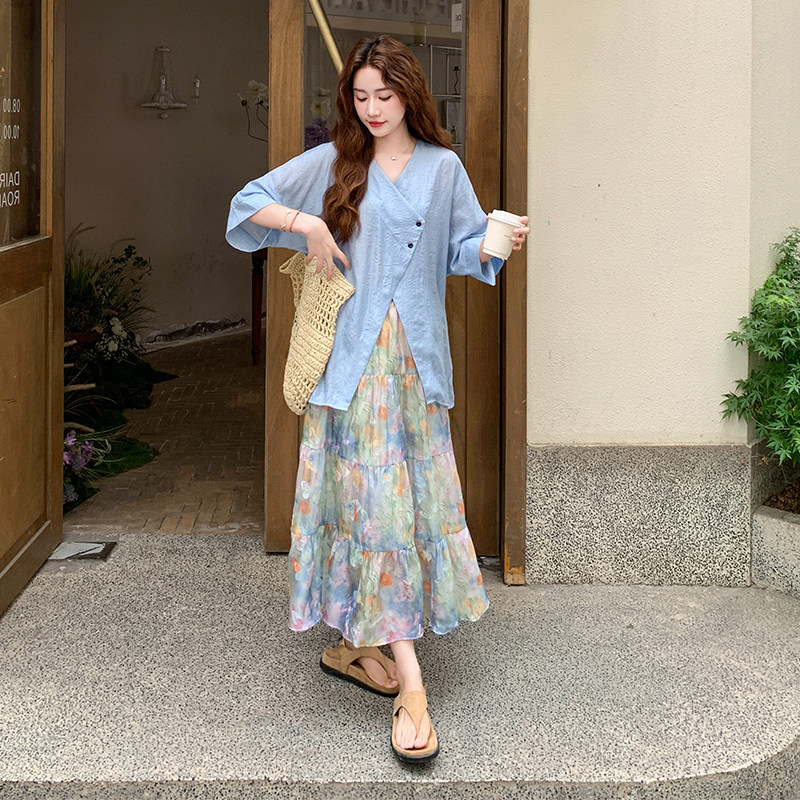 天丝衬衫碎花半身裙套装两件套女夏2025新款韩系漂亮油画印花长裙图片