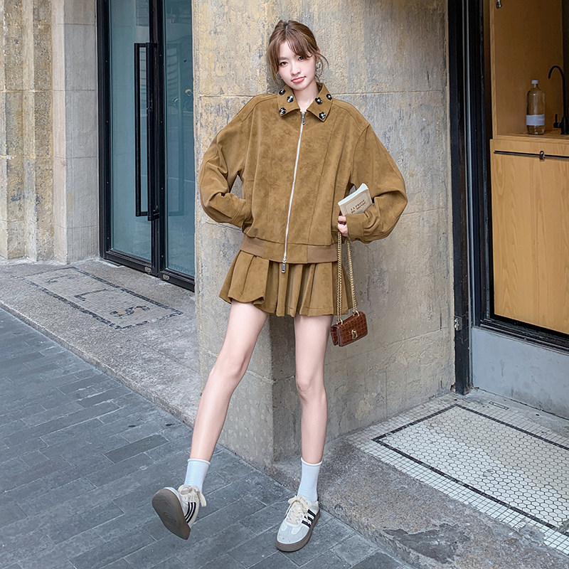 美拉德麂皮绒工装套装裙女秋季2025新款小个子流行漂亮百褶裙穿搭,女装套装/套裙,2C115