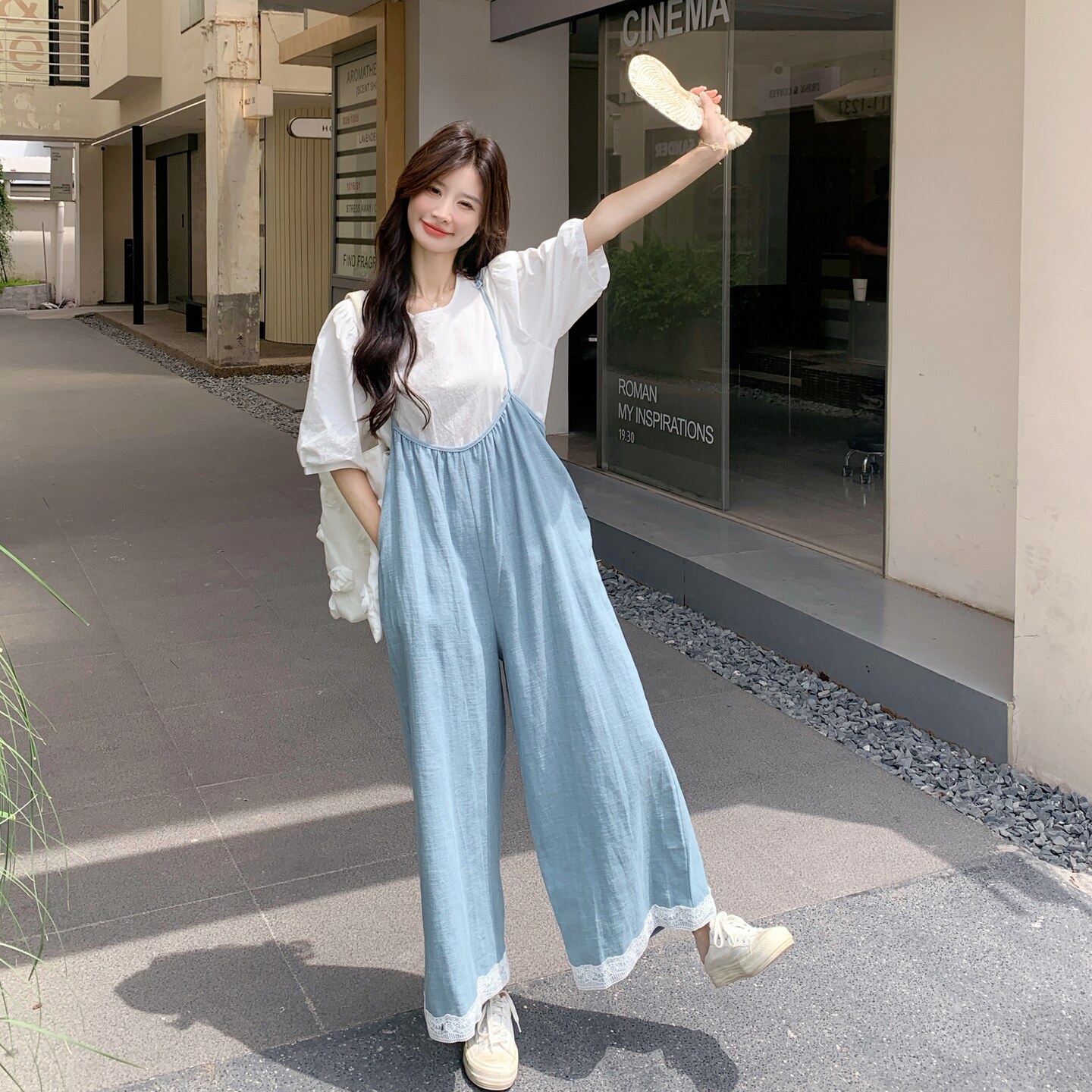 蕾丝花边牛仔背带裤T恤两件套女2025夏季新款宽松减龄阔腿裤套装,女装套装/套裙,2C327