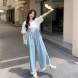蕾丝花边牛仔背带裤T恤两件套女2025夏季新款宽松减龄阔腿裤套装，女装套装/套裙，2C327