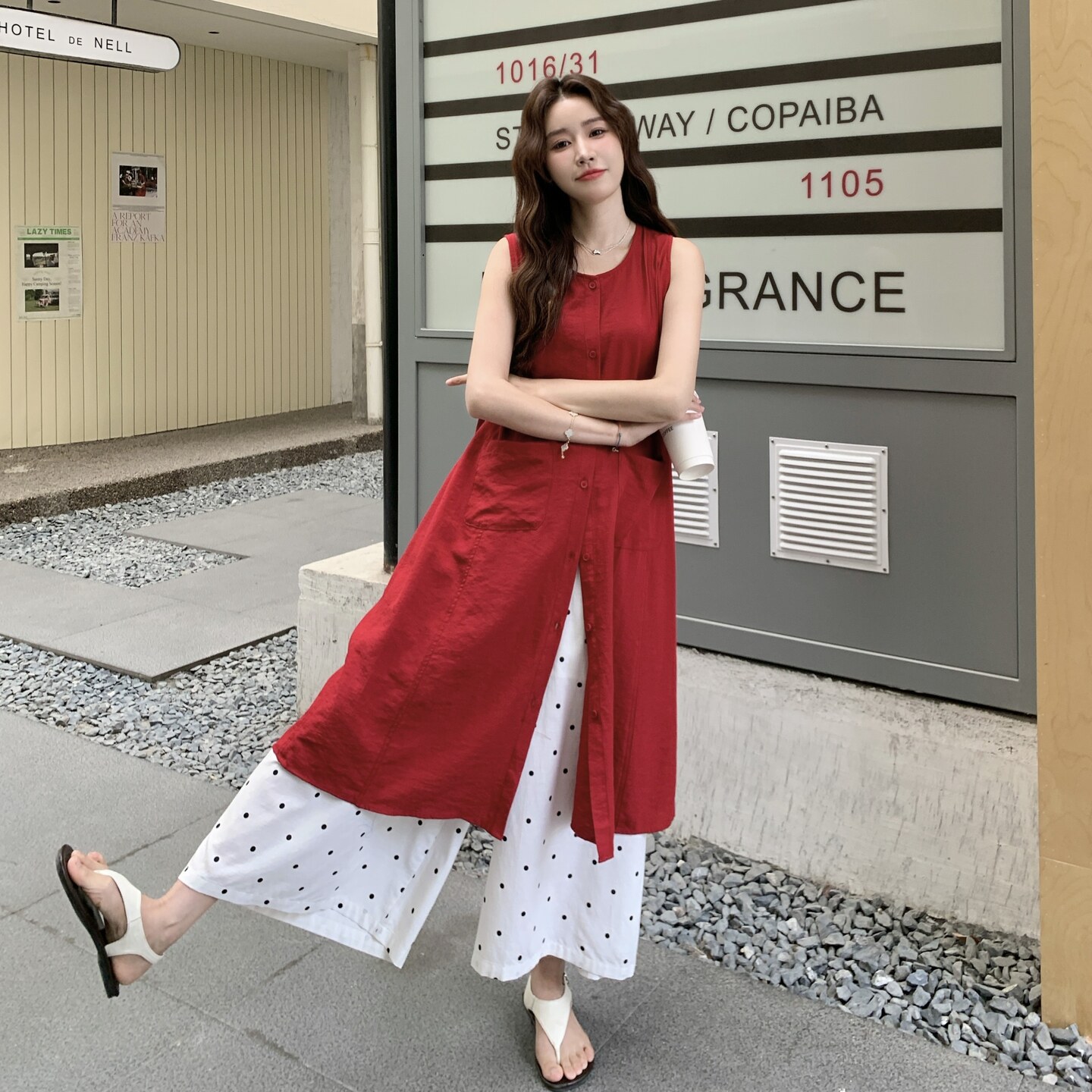 韩版俏皮减龄度假风穿搭套装女2025夏季新款长衫波点阔腿裤两件套,女装短外套,2C290