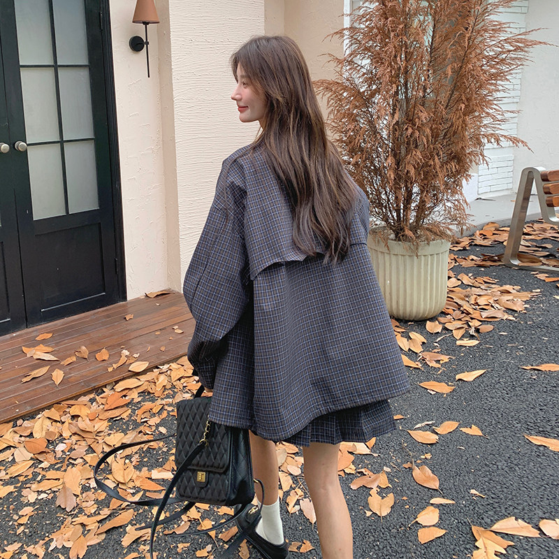 藏青色复古格纹套装裙女2025年春季新款韩版休闲夹克百褶裙两件套,女装套装/套裙,2C135