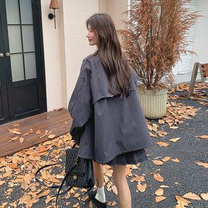 藏青色复古格纹套装裙女2025年春季新款韩版休闲夹克百褶裙两件套图片
