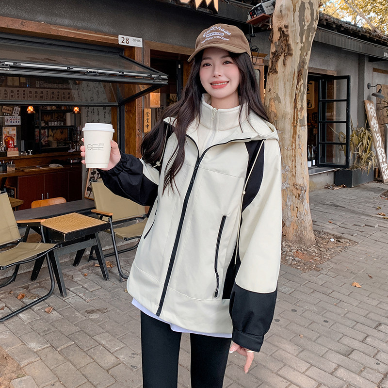 工装冲锋衣拼色加绒外套可脱卸2025冬季2C057-9923-P205-K308,女装派克服,2C057