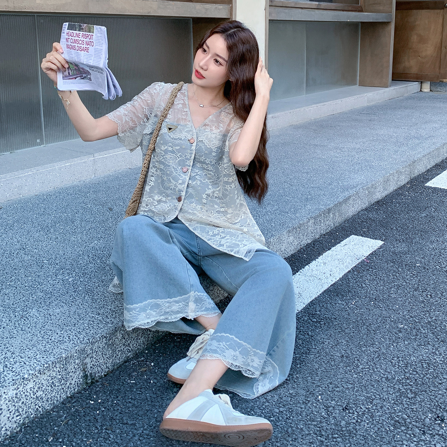 现货2D078-T2080-P165K248蕾丝拼接牛仔上衣+裤子2件套,女装套装/套裙,2D078