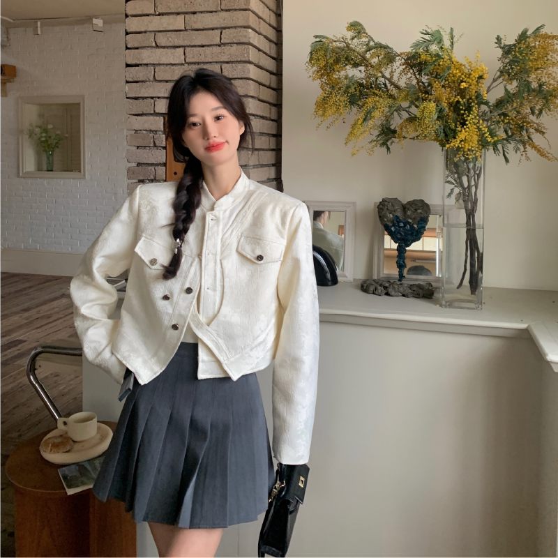 法式提花白色小香风短外套女春秋2025新款韩系小个子机车服爆款,女装短外套,2D146