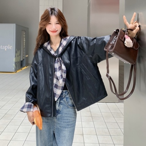 复古拼接连帽皮衣外套女2026新款机车服夹克2C227/3309/P165K268图片