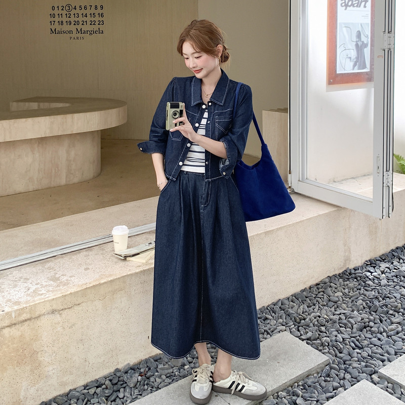 深蓝色牛仔套装女2025秋季新款休闲气质外套条纹背心半身裙三件套,女装套装/套裙,2C159