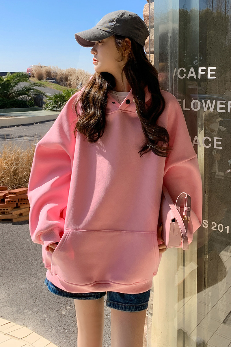粉色时尚减龄连帽卫衣女秋季2024新款小个子oversize加厚套头上衣,女装卫衣/绒衫,2C016
