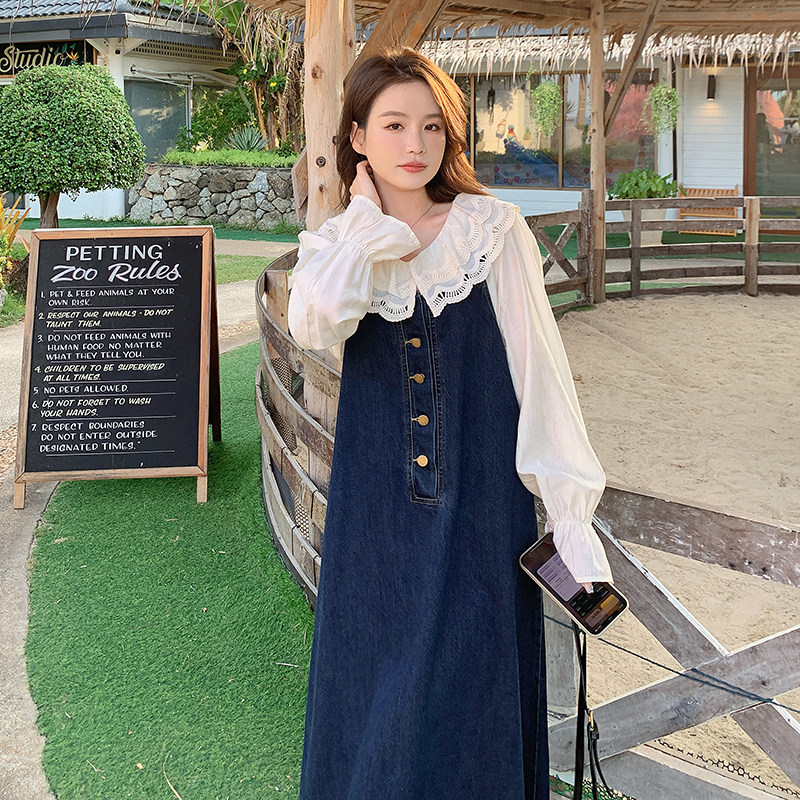 独特别致娃娃领上衣套装裙女春秋款韩系穿搭牛仔吊带连衣裙两件套图片