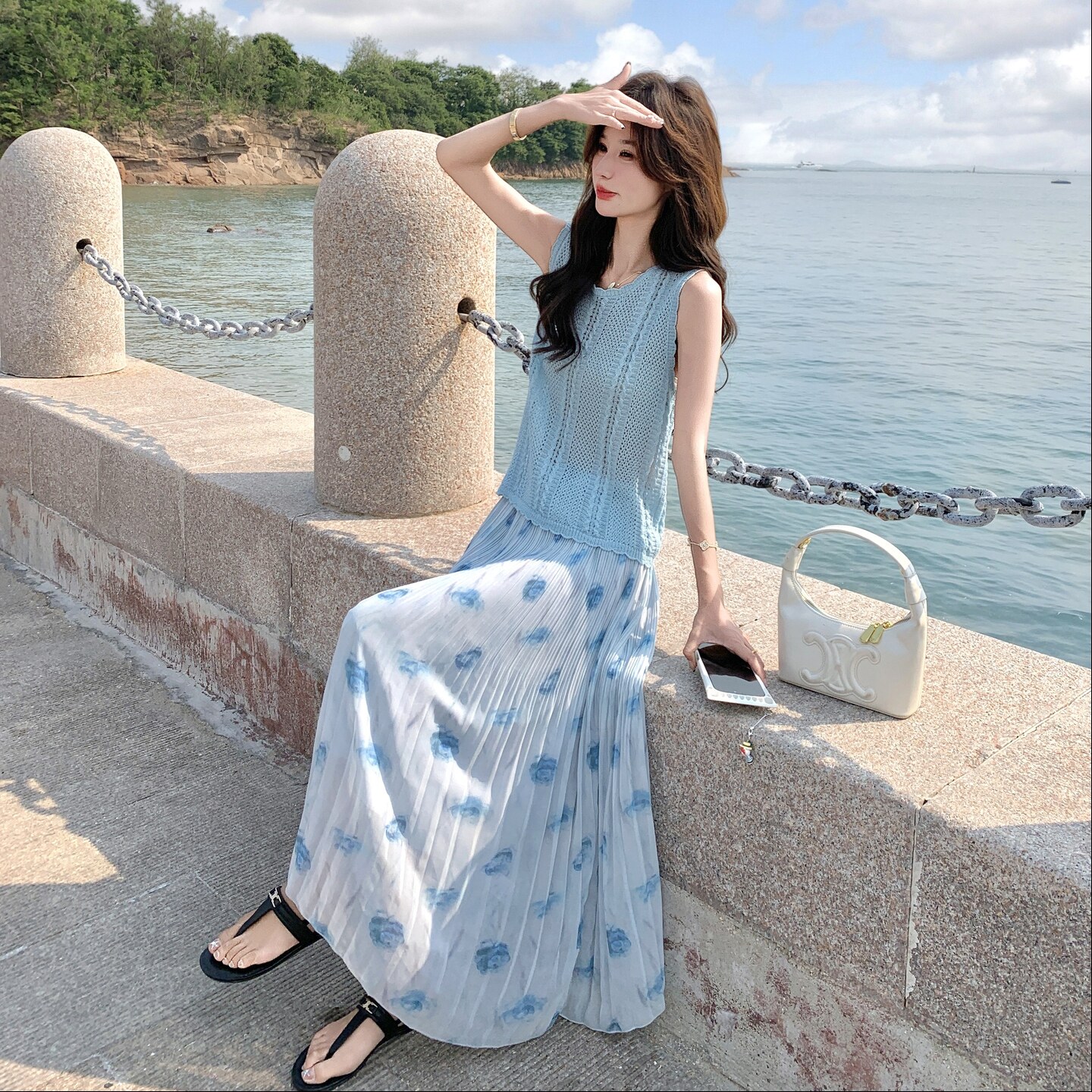 蓝色温柔风针织镂空无袖背心套装女2025夏季新款印花半身裙两件套,女装连衣裙,2C098