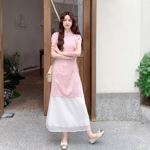 新中式国风连衣裙女2025夏季新款独特漂亮气质粉色假两件旗袍长裙图片
