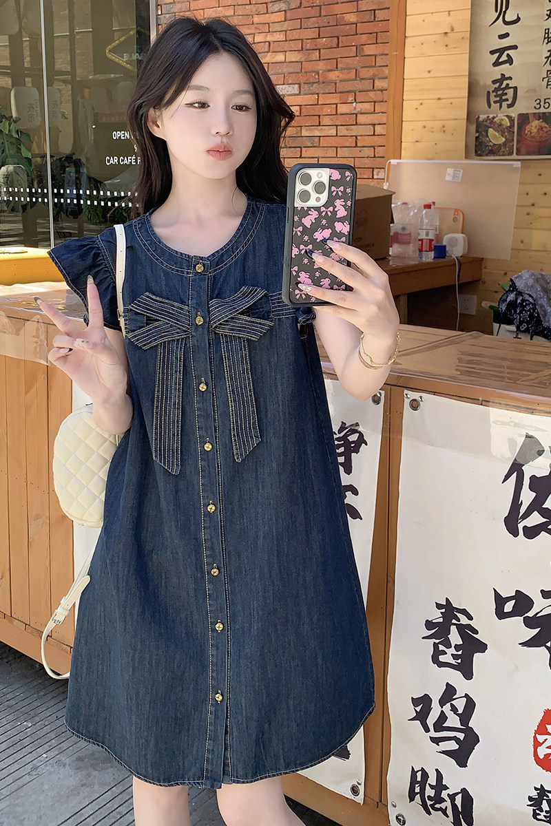 蝴蝶结减龄小飞袖牛仔连衣裙女夏季2025新款时尚小清新爆款小个子,女装连衣裙,2C117