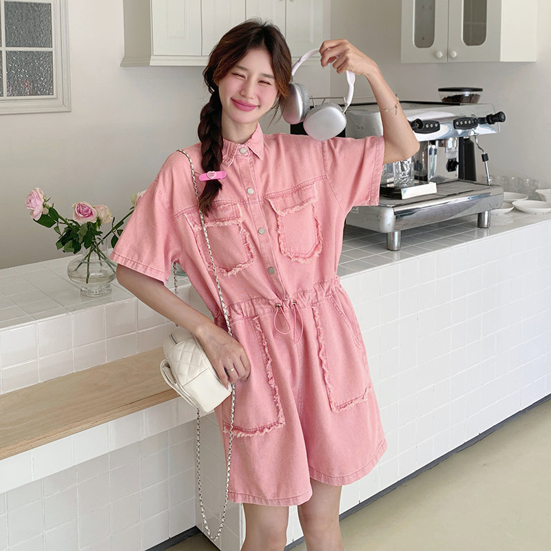 洋气减龄粉色连体裤女夏季2025新款小个子甜美显瘦收腰阔腿牛仔裤,女装连体裤,2C115
