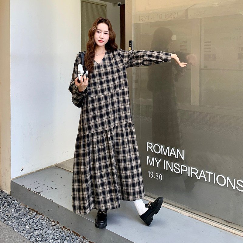 韩版收腰撞色格子长袖V领连衣裙女2025春秋季新款复古气质长裙子,女装连衣裙,2C009