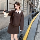 休闲咖啡色条纹拼接卫衣短裙套装女春秋两件套小个子大方得体减龄，女装套装/套裙，2D035
