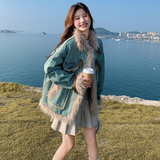 减龄牛仔拼接派克服外套女冬季2025新款加厚棉服今年流行爆款漂亮，女装羊羔毛/颗粒绒，2D078