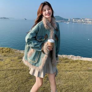 减龄牛仔拼接派克服外套女冬季2025新款加厚棉服今年流行爆款漂亮图片