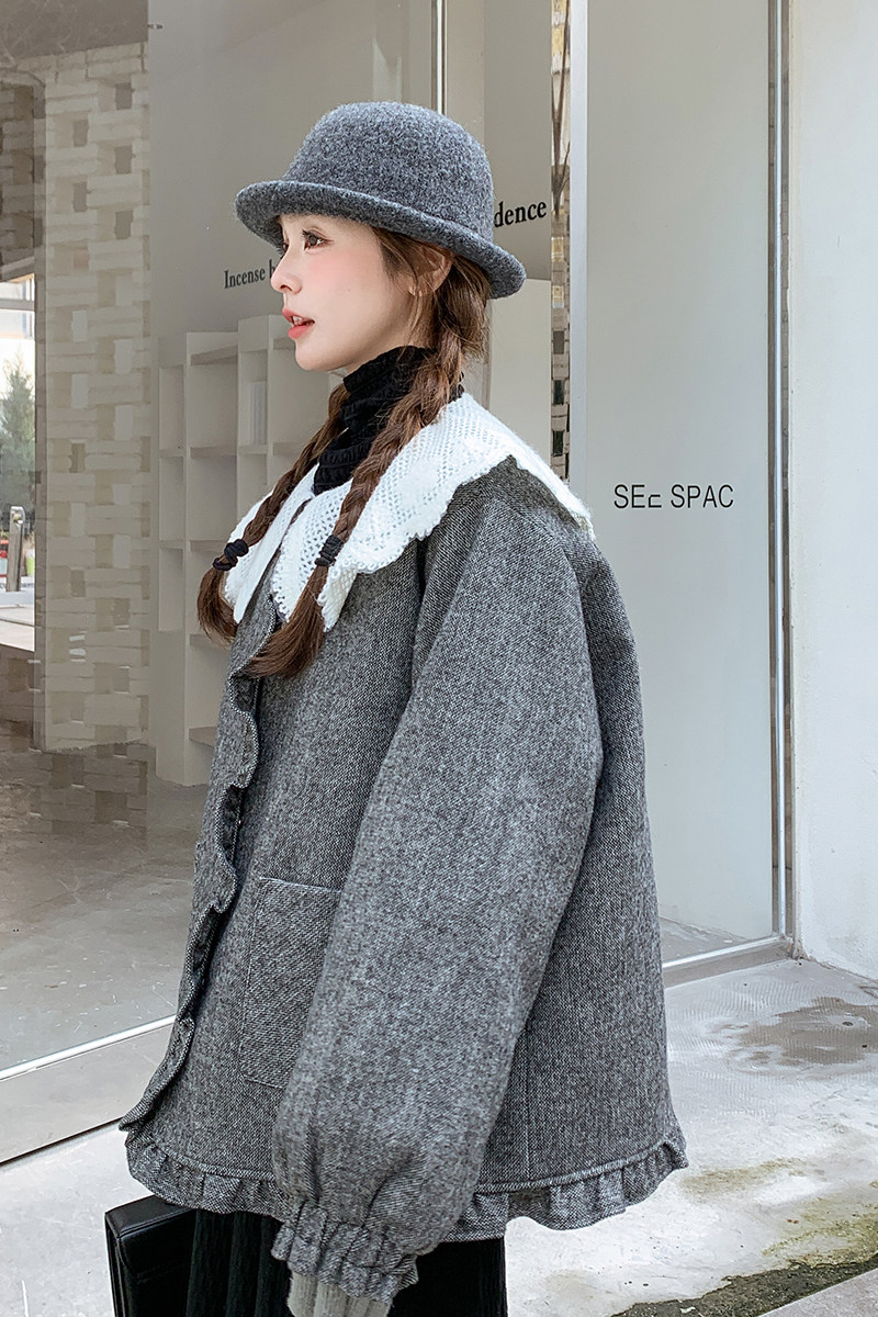 设计感蕾丝娃娃领灰色毛呢羽绒服女加厚保暖外套6122P235K358,女装羽绒服,2C166